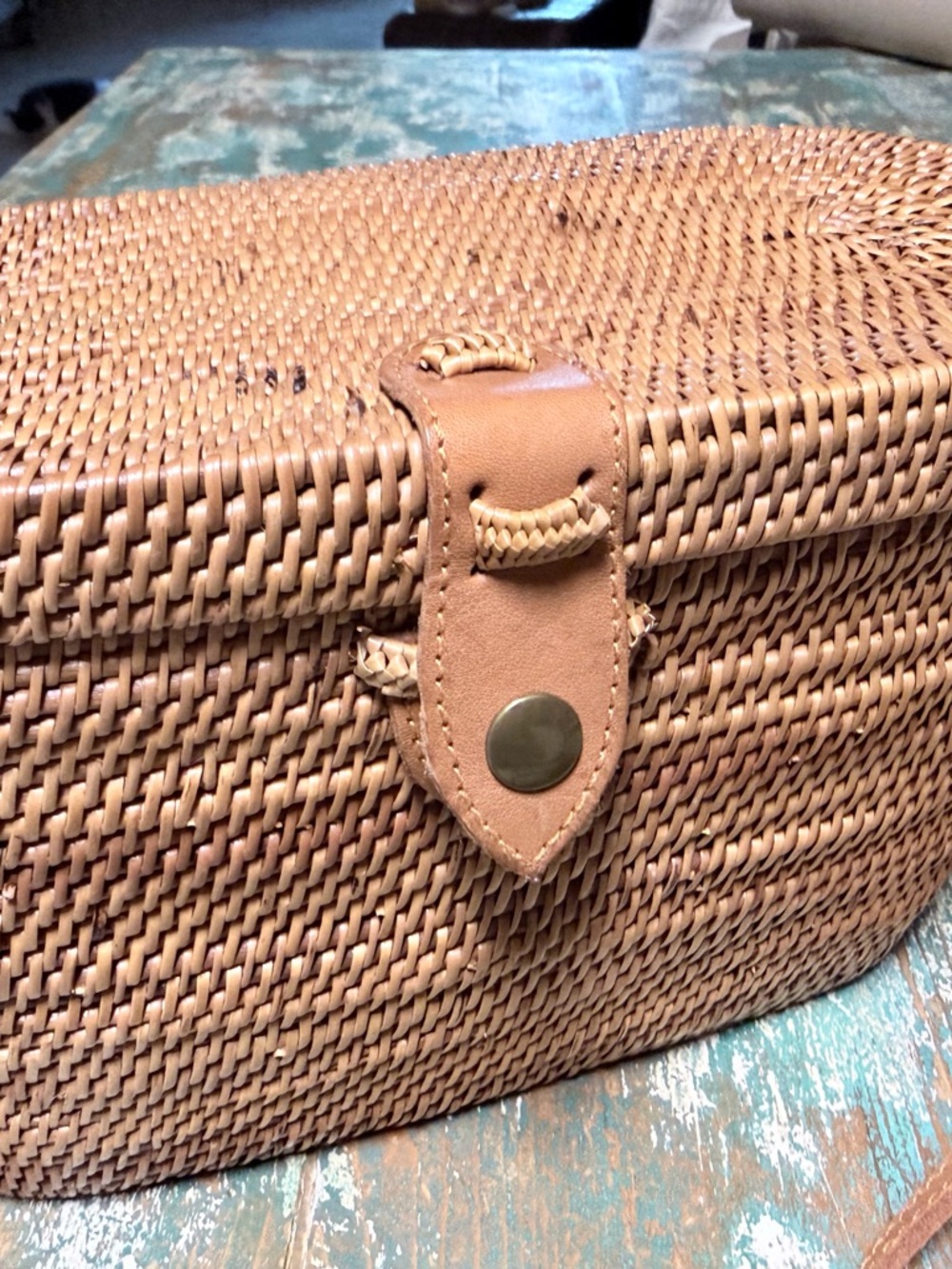 Woven Straw Crossbody Bag with Leather Trim - Tan